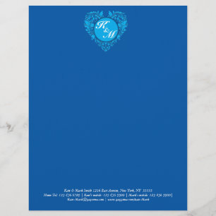 HeartyParty Cobalt Blue And Turquoise Damask Heart Letterhead
