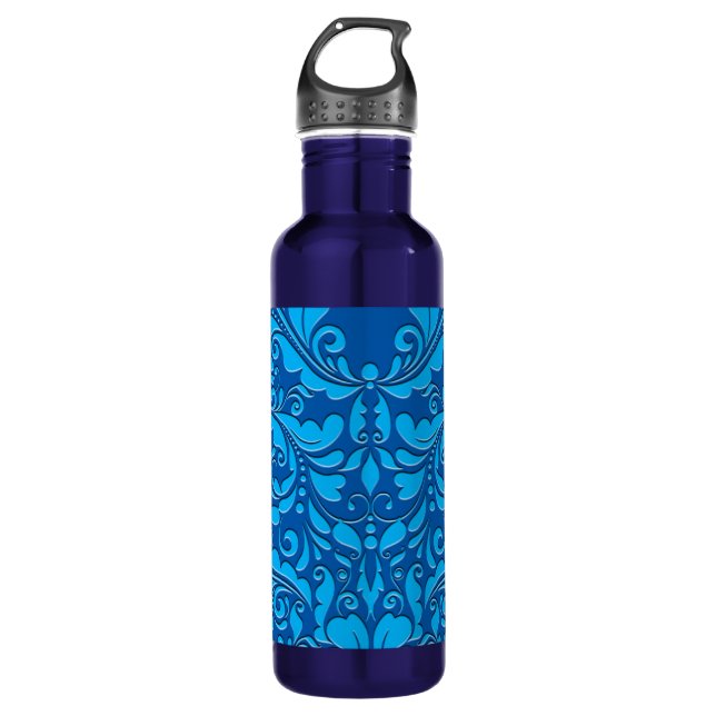 HeartyParty Cobalt Blue And Turquoise Damask Heart Water Bottle (Front)