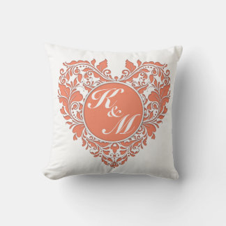 HeartyParty Coral And White Damask Heart Throw Pillow