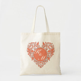 HeartyParty Coral And White Damask Heart Tote Bag