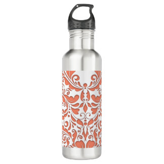 HeartyParty Coral And White Damask Heart Water Bottle