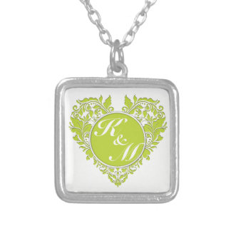 HeartyParty Lime Green & White Damask Heart Silver Plated Necklace
