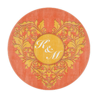 HeartyParty Orange and Yellow Damask Heart Cutting Board