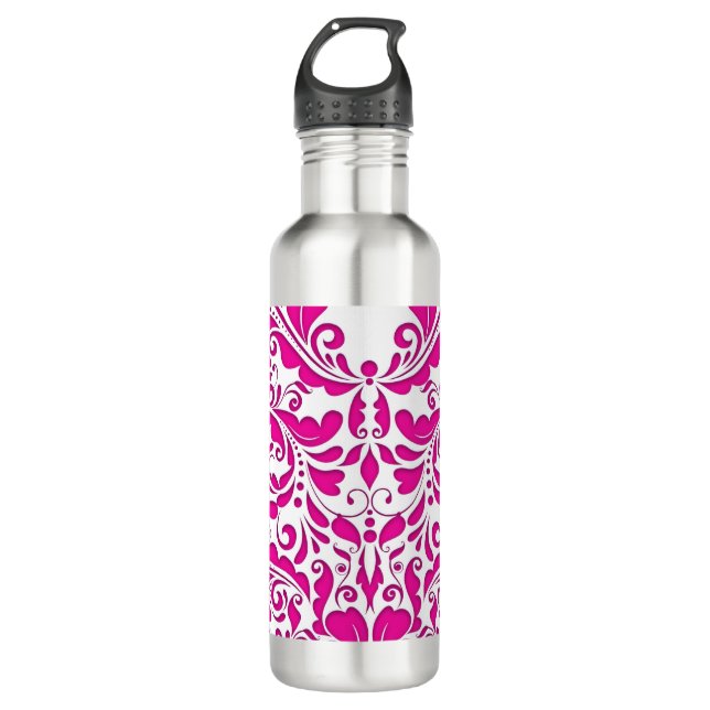 HeartyParty Pink Magenta And White Damask Heart Stainless Steel Water Bottle (Front)