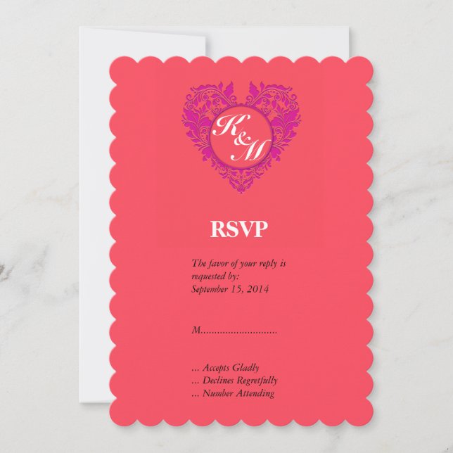 HeartyParty Raspberry and Magenta Damask Heart Invitation (Front)