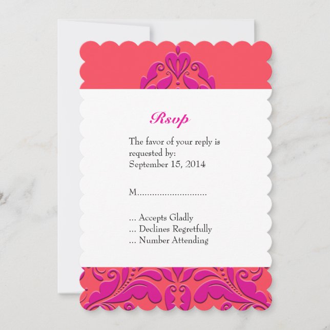 HeartyParty Raspberry and Magenta Damask Heart Invitation (Front)