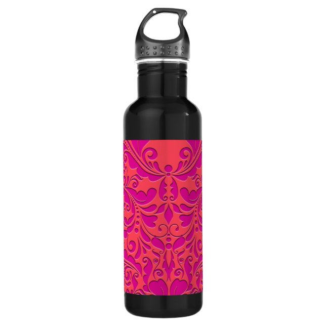 HeartyParty Raspberry and Magenta Damask Heart Water Bottle (Front)