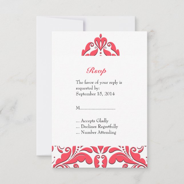 HeartyParty Raspberry Red And White Damask Heart Invitation (Front)