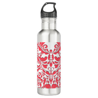 HeartyParty Raspberry Red And White Damask Heart Stainless Steel Water Bottle
