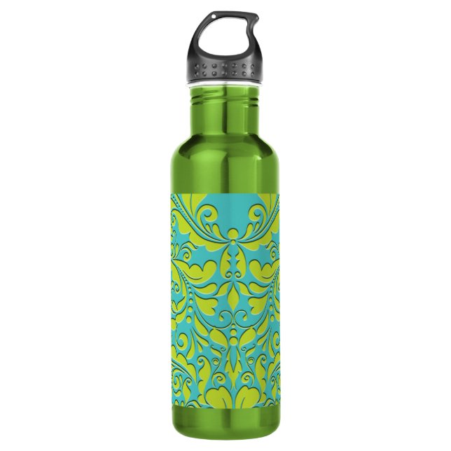 HeartyParty Turquoise and Lime Damask Heart Water Bottle (Front)
