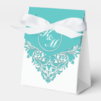 HeartyParty Turquoise blue And White Damask Heart Favor Boxes