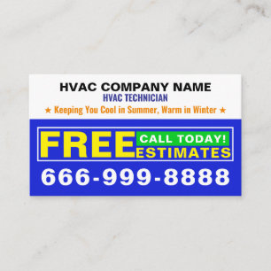 (Heat, Cool, AC Slogan) Free Estimates   Blue HVAC Business Card