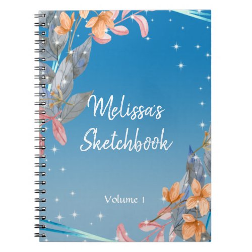 Heather Blue Watercolor Floral Name Sketchbook Notebook