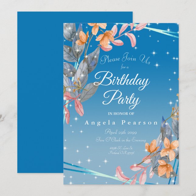 Heather Blue Watercolor Flowers Birthday Party Invitation (Front/Back)