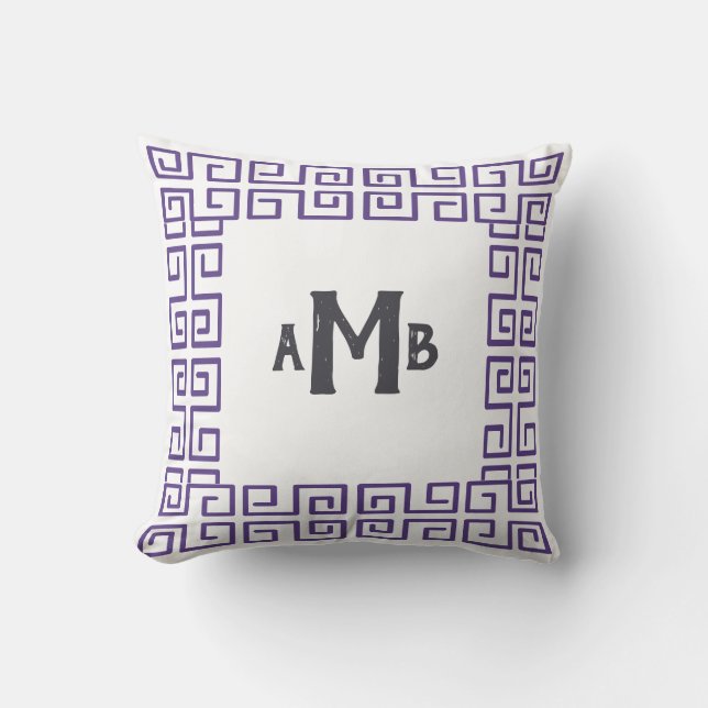 Heather Chinoiserie Greek Key Border Monogram Throw Pillow (Front)