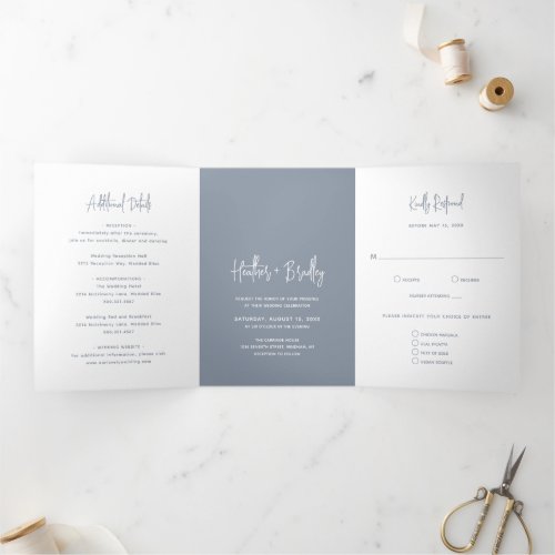 Heather Elegant Dusty Blue Minimal Modern Wedding Tri_Fold Invitation