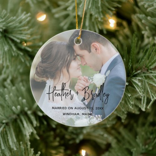 Heather Elegant Photo Minimal Modern Newlywed Ceramic Ornament