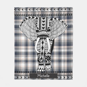 Heather Gray Cream Plaid Tribal Patterned Elephant Fleece Blanket