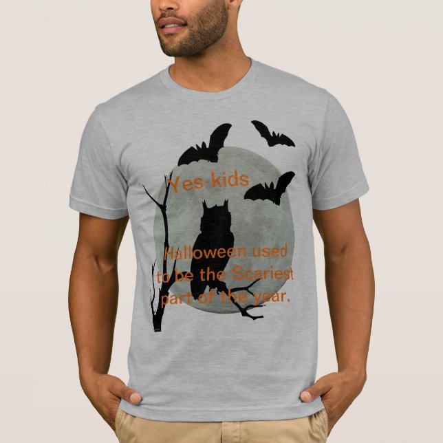 Heather Grey Halloween Owl & Bats T-Shirt (Front)