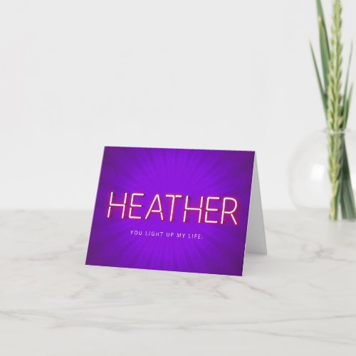 Heather in glowing neon lights card