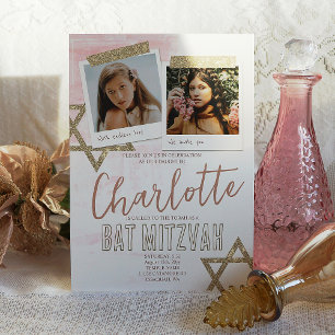 Heather Mauve Pink and Gold Bat Mitzvah Photo Invitation