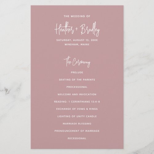 Heather Minimal Dusty Rose Pink Wedding Program Flyer