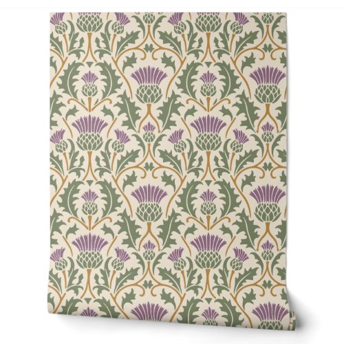 Heather Purple and Sage Thistle Damask Wallpaper