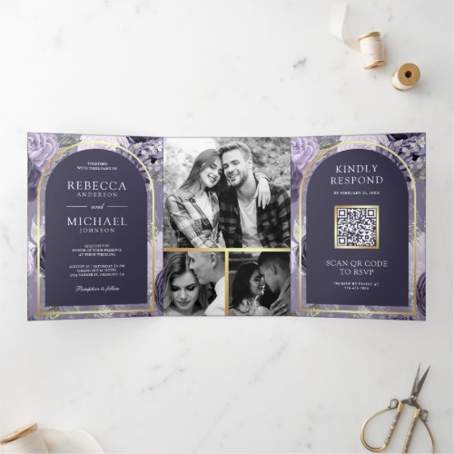 Heather Purple Floral Arch QR Code Wedding Tri_Fold Invitation