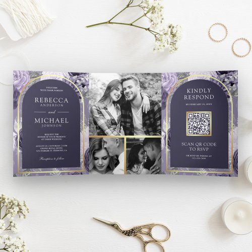 Heather Purple Floral Arch QR Code Wedding Tri_Fold Invitation