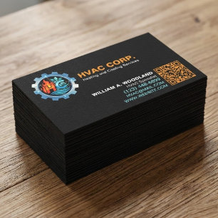 Heating and Cooling Logo & Qr Code   Black HVAC Business Card