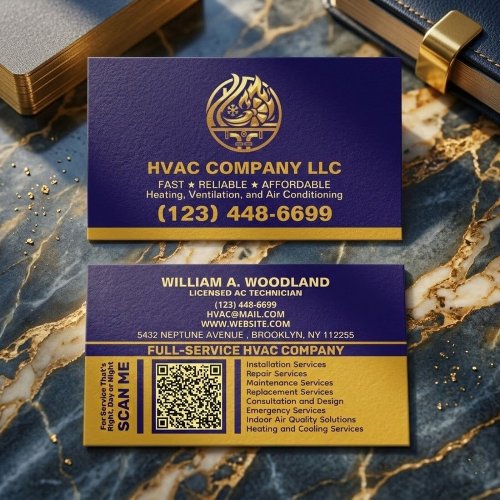 (Heating Cooling, Air Conditioning) Blue Gold HVAC Business Card