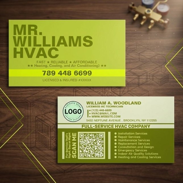Heating & Cooling & Air Conditioning | Green HVAC Business Card (logo air conditioning contractor cards, heating tech business cards, modern cards with QR code)