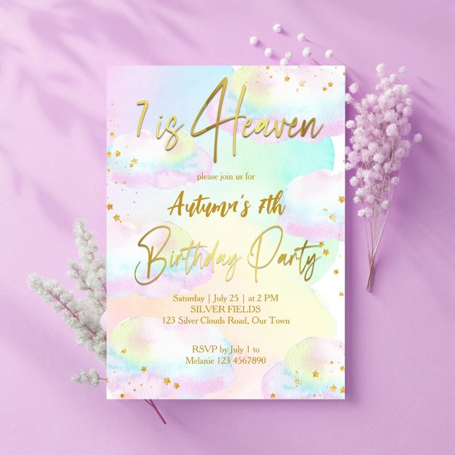 Heaven pastel rainbow clouds birthday invitation (7th Heaven pastel rainbow ombre clouds birthday party invitation cards template)