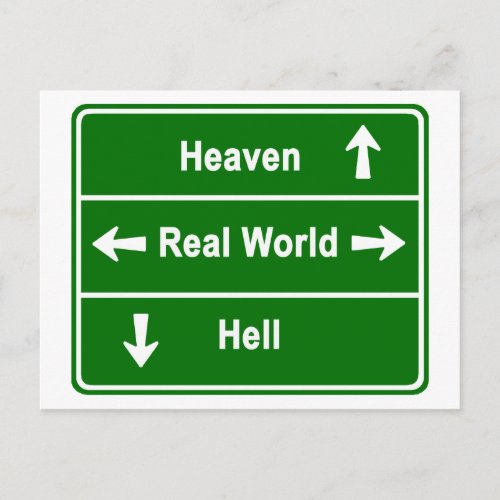 Heaven real world or hell postcard