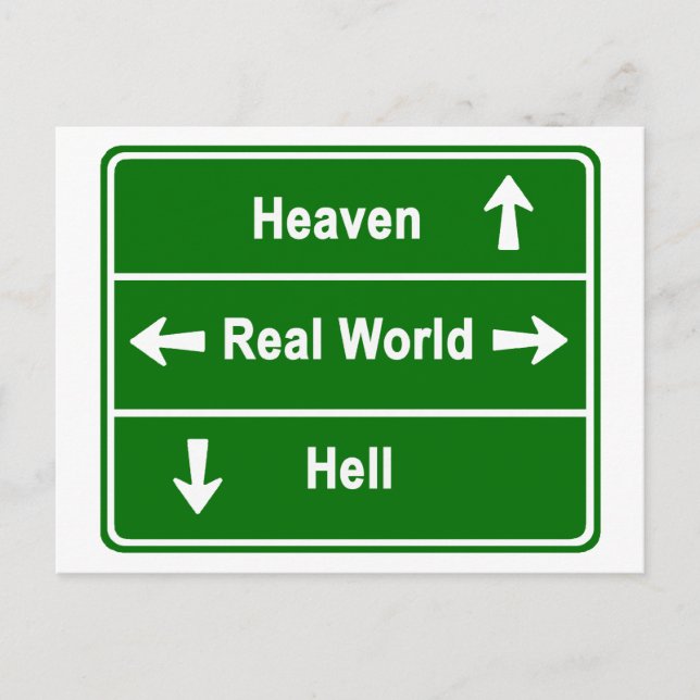 Heaven, real world or hell postcard (Front)