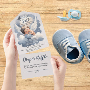 Heaven Sent Angel Baby In Clouds Baby Shower All In One Invitation