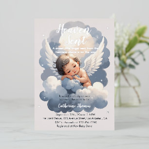 Heaven Sent Angel Baby In Clouds Baby Shower Foil Invitation