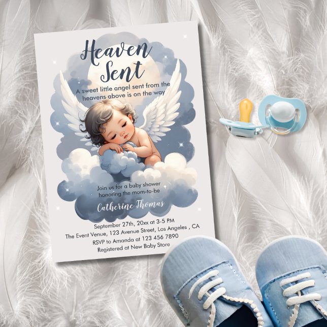 Heaven Sent Angel Baby In Clouds Baby Shower Invitation (Creator Uploaded)
