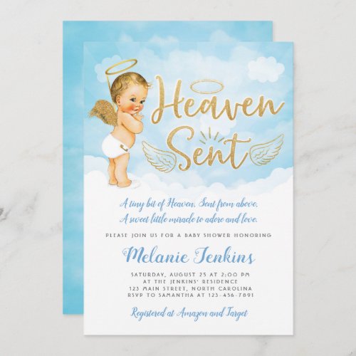 Heaven Sent Angel Boy Baby Shower Invitation