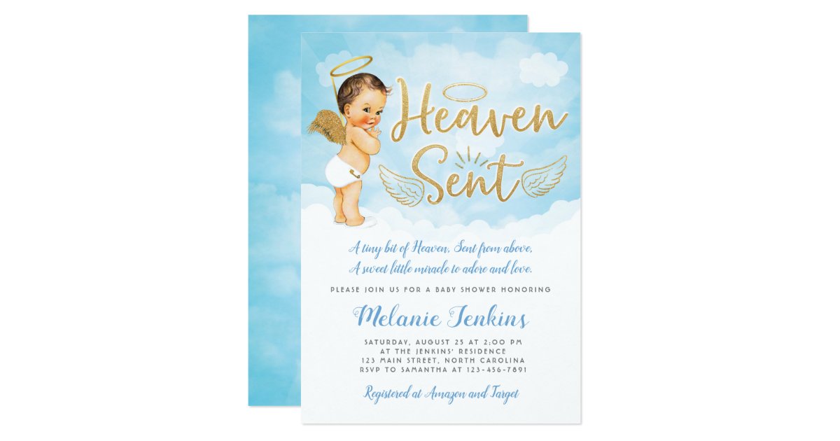 Heaven Sent Angel Boy Baby Shower Invitation Zazzle Com