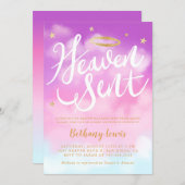 Heaven Sent Angel Gold Halo Baby Shower Pink Invitation (Front/Back)