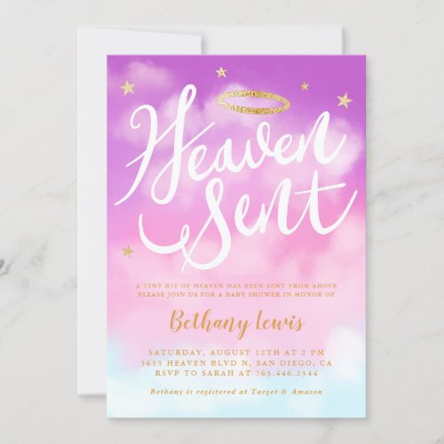 Heaven Sent Angel Gold Halo Baby Shower Pink Invitation