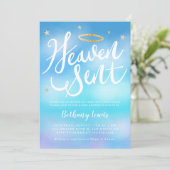 Heaven Sent Angel Gold Halo Blue Baby Shower Invitation (Standing Front)