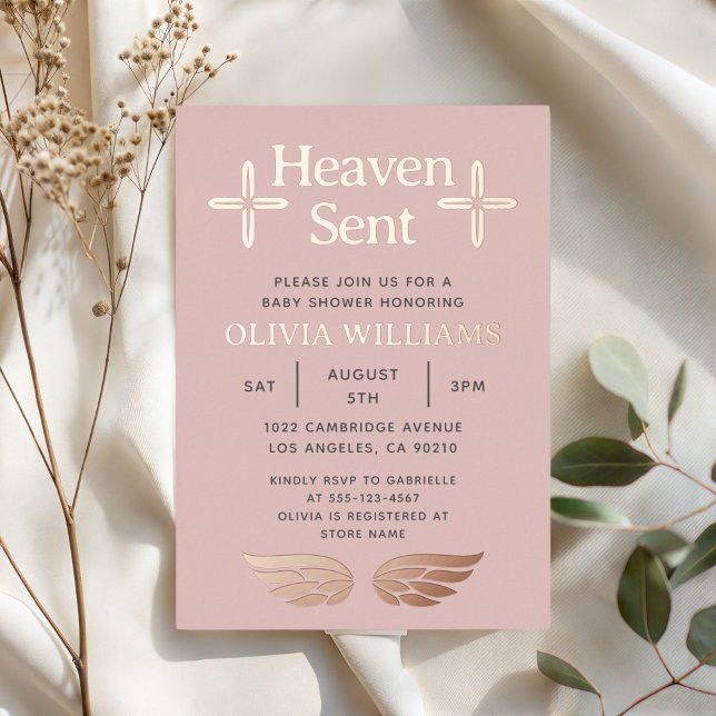 Heaven Sent Angel Religious Christian Girl Pink Foil Invitation (Creator Uploaded)