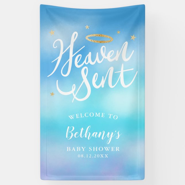 Heaven Sent Angel Theme Boy Baby Shower Welcome Banner (Vertical)