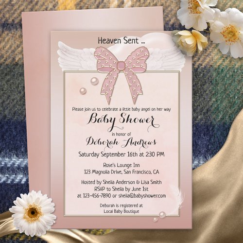 Heaven Sent Angel Wing Girl Baby Shower Invitation