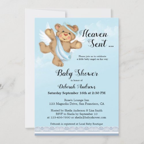 Heaven Sent Angel Wings Boy Baby Shower Invitation