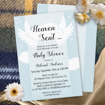 Heaven Sent Angel Wings Boy Baby Shower Invitation by sunnysites at Zazzle