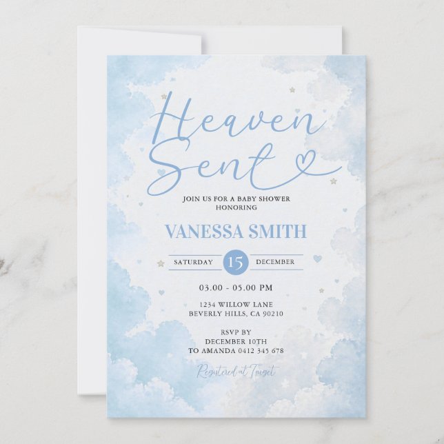 Heaven Sent Baby Shower Blue Sky Boy Invitation (Front)