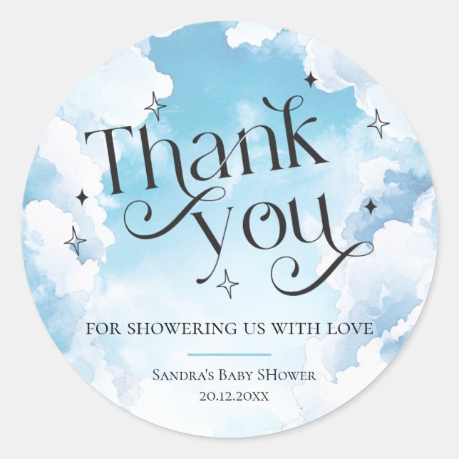 Heaven Sent Baby Shower Favor Thank You Clouds Sky Classic Round Sticker (Front)